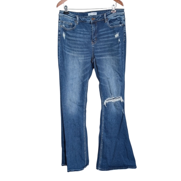 Flying Monkey Blue Distressed Flare Jeans Super Stretch Size 32 - Picture 1 of 8